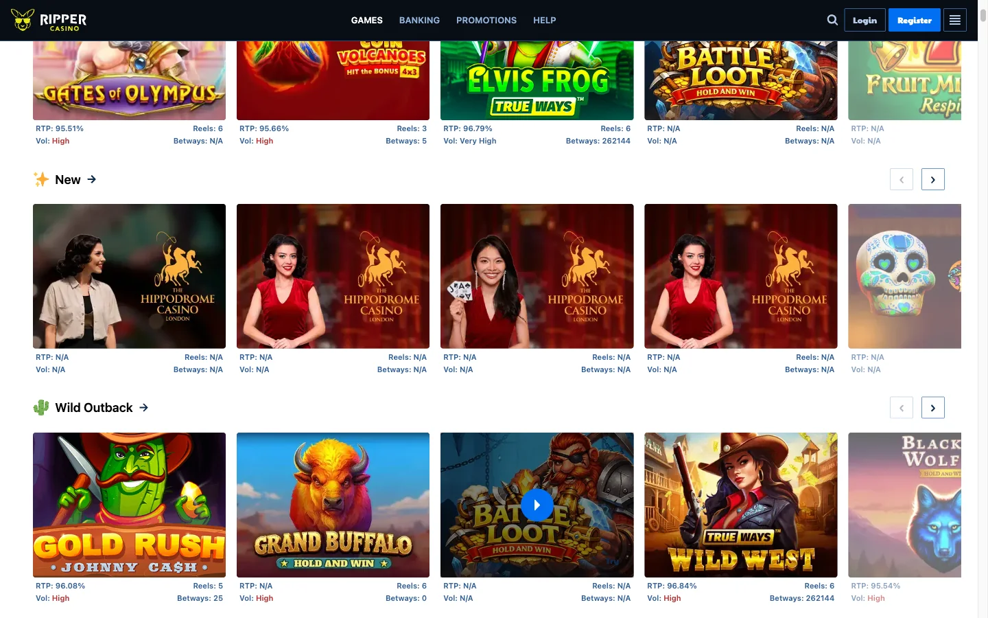 Ripper Casino pokies lobby with Ruby's Picks and Wild Outback rows